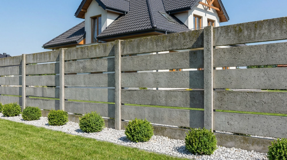 Ogrodzenie betonowe z poziomymi panelami przed nowoczesnym domem, z pasem białych kamieni i krzewami